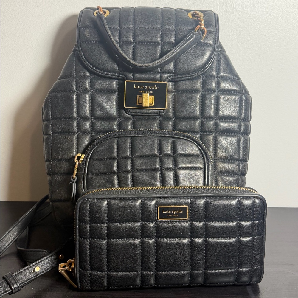 kate spade Black Quilted Leather Backpack with Matching Wallet